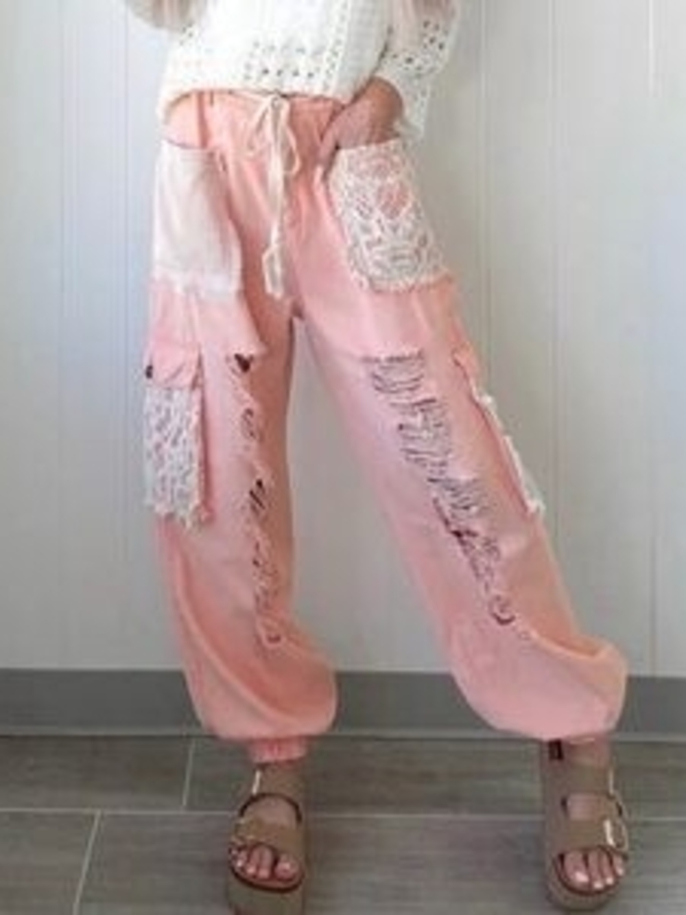 POL Pink Distressed Jogger Pants with Crochet Pockets NWOT
